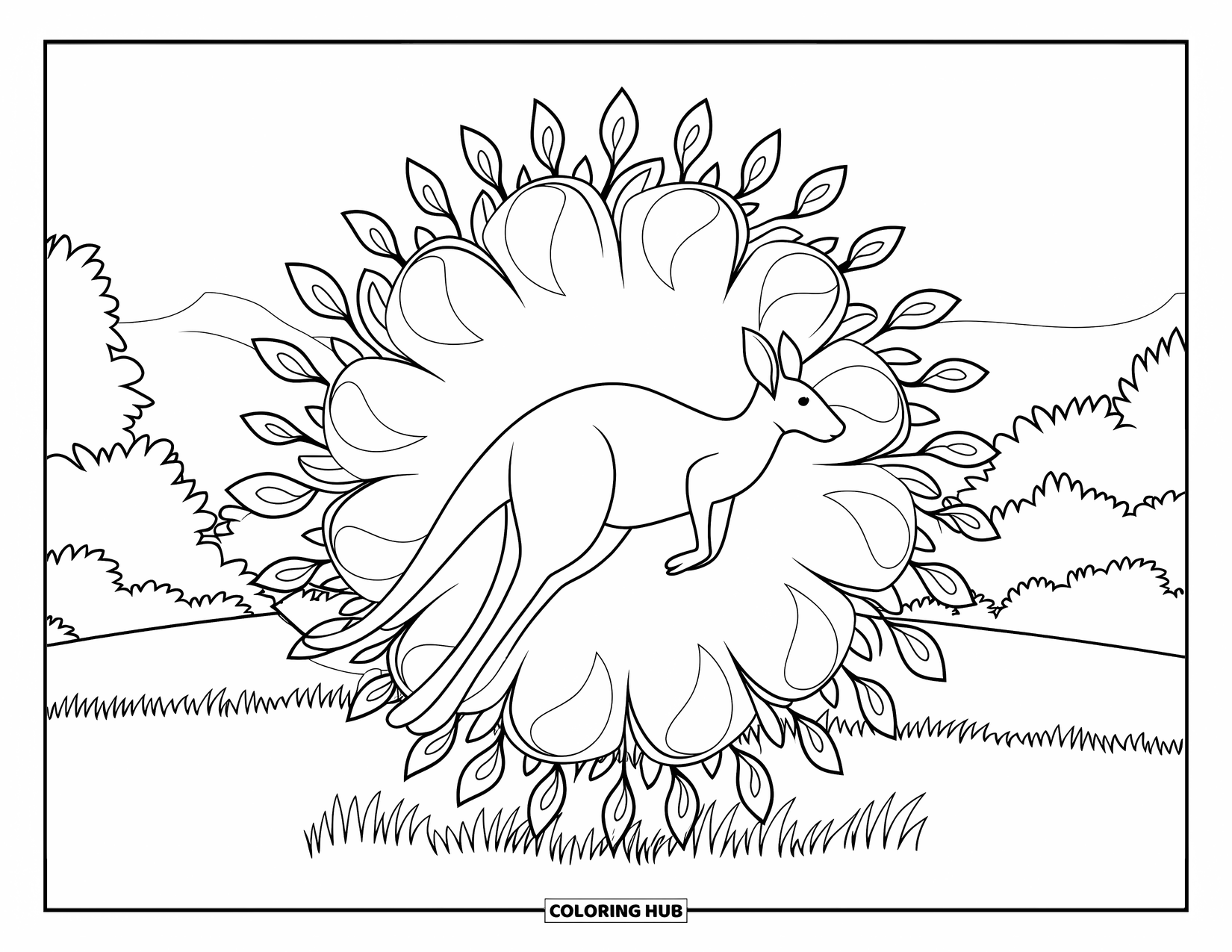 Kangaroo Coloring Page for Adults: A kangaroo hops through a scenic field, surrounded by an intricate mandala of floral stems