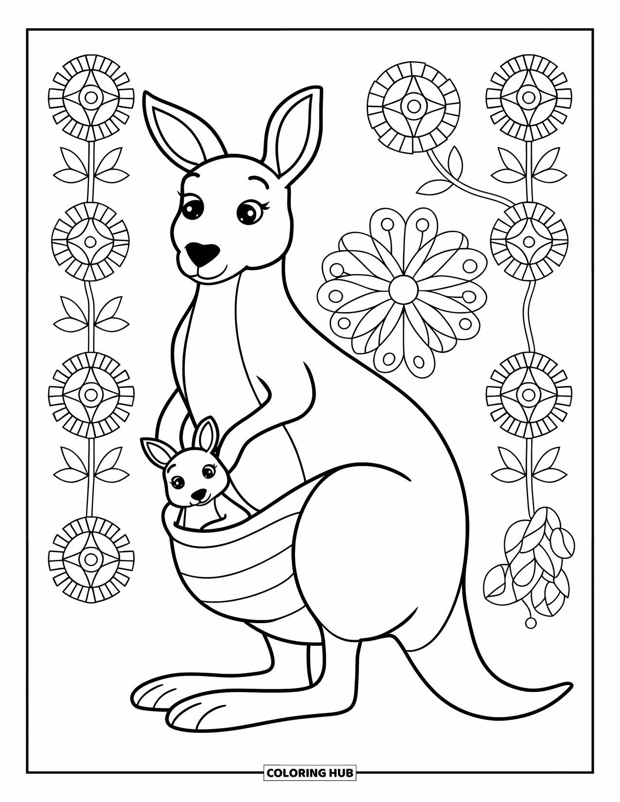 Kangaroo Coloring Page for Adults: A kangaroo with a joey in its pouch stands in front of floral symmetrical designs
