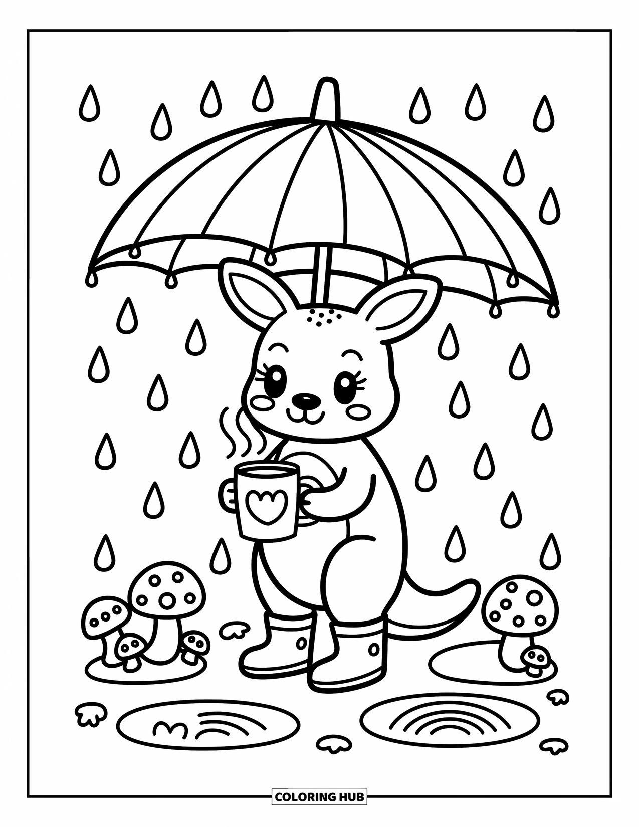 Kangaroo Coloring Page for Adults: A little kangaroo stands under a leafy umbrella, sipping something warm as rain gently falls