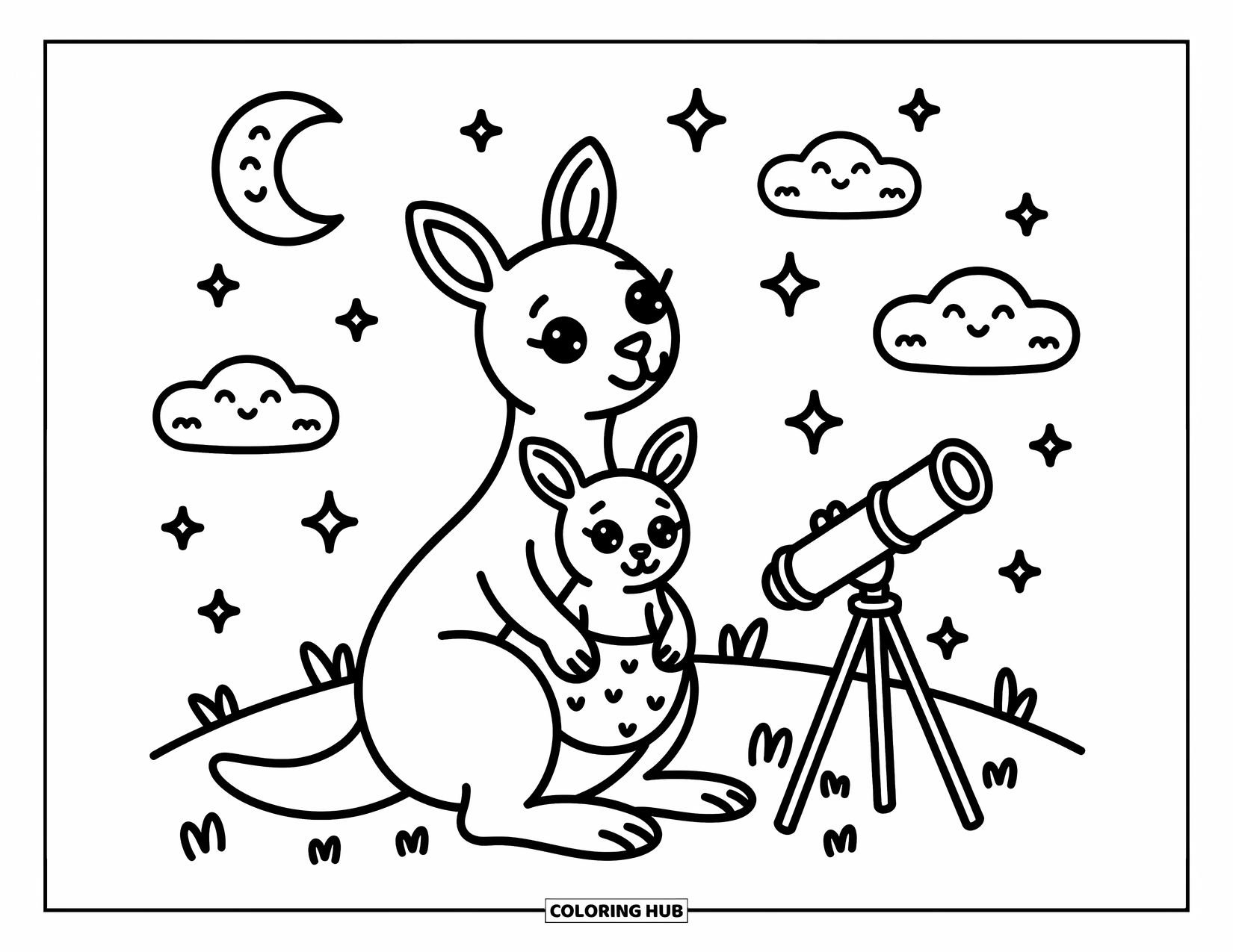 Kangaroo Coloring Page for Adults: A mom kangaroo and her joey enjoy a peaceful night under stars with a telescope nearby