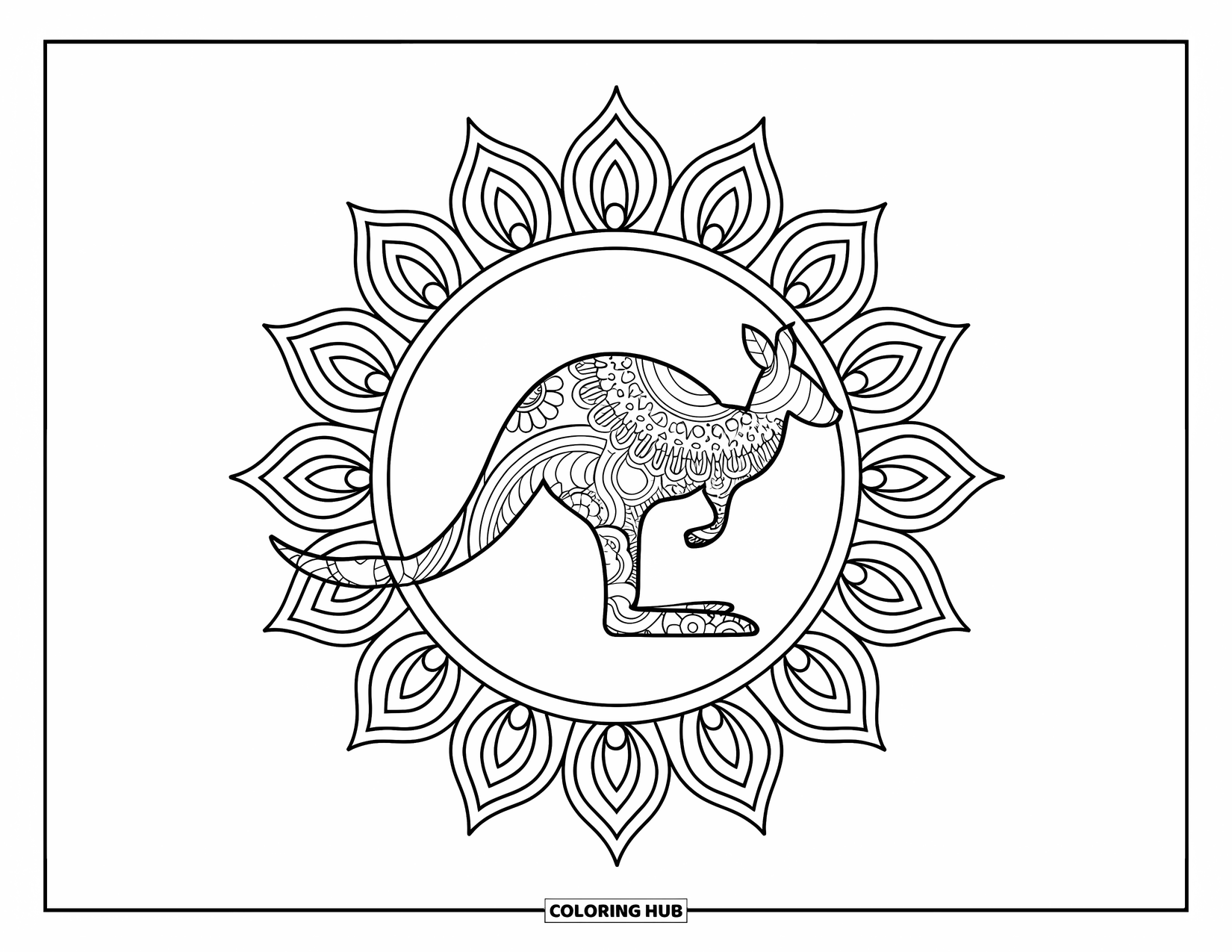 Kangaroo Coloring Page for Adults: A patterned kangaroo silhouette framed by a full mandala in a peaceful, clean design