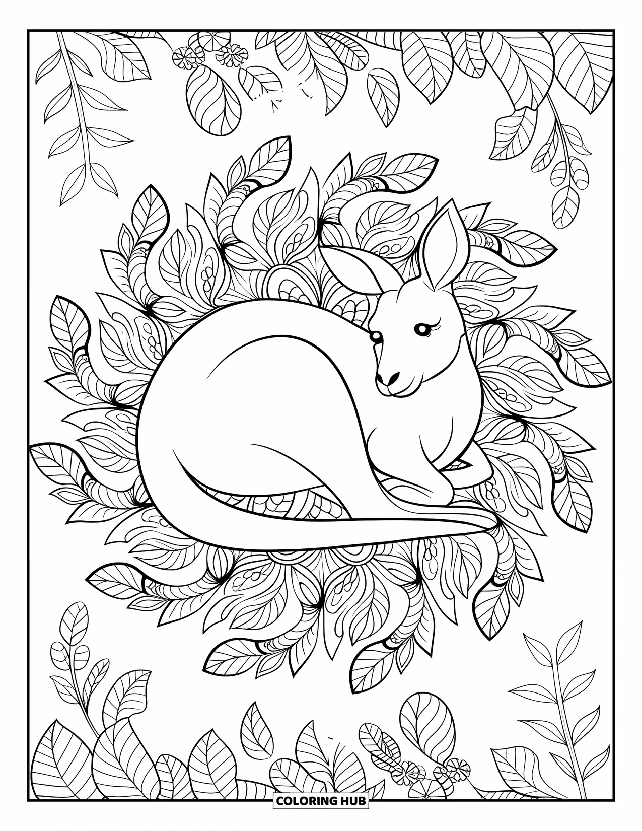 Kangaroo Coloring Page for Adults: A peaceful kangaroo rests in the center of a gum leaf and blossom mandala