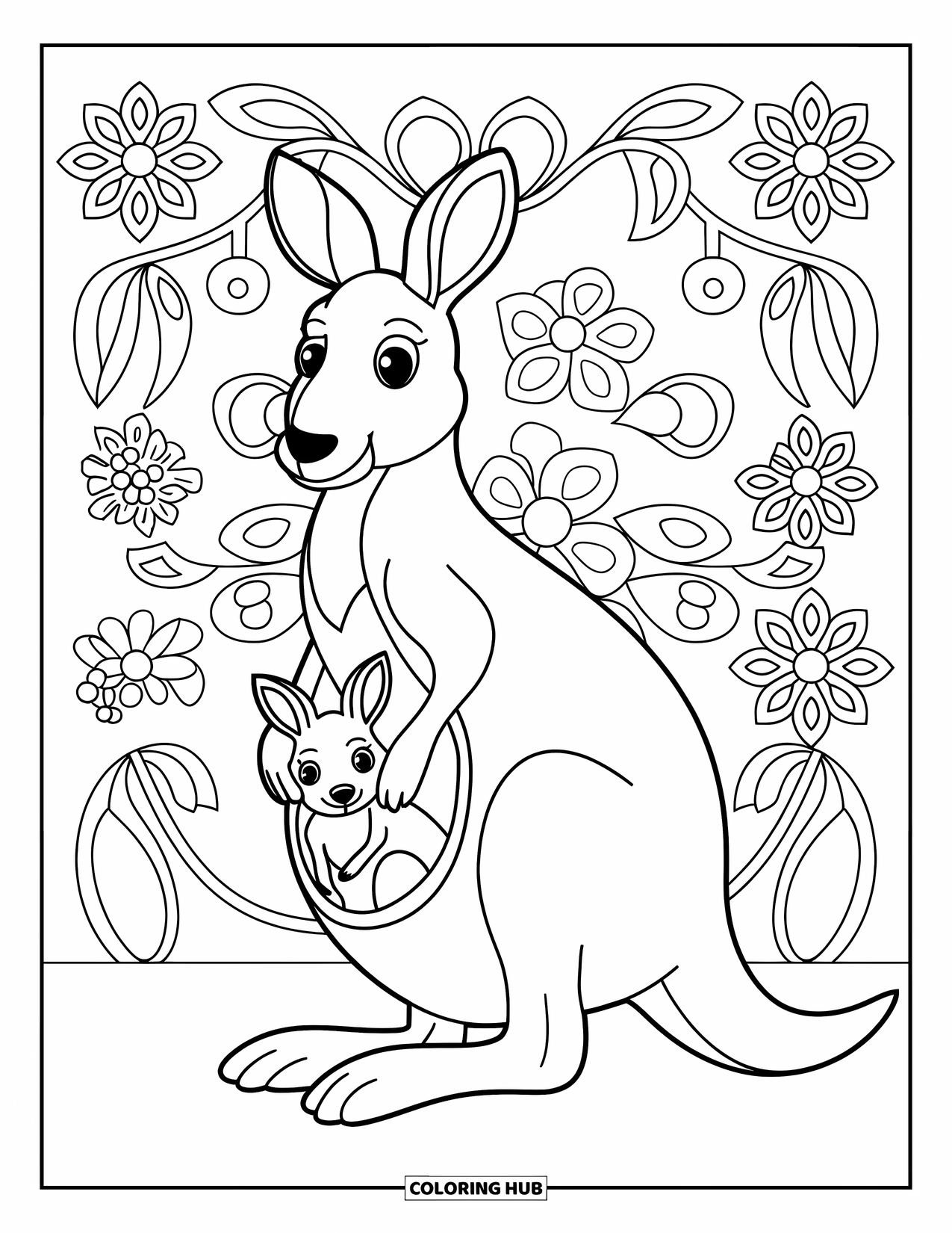 Kangaroo Coloring Page for Adults: A sitting kangaroo and joey are surrounded by gentle, balanced floral designs