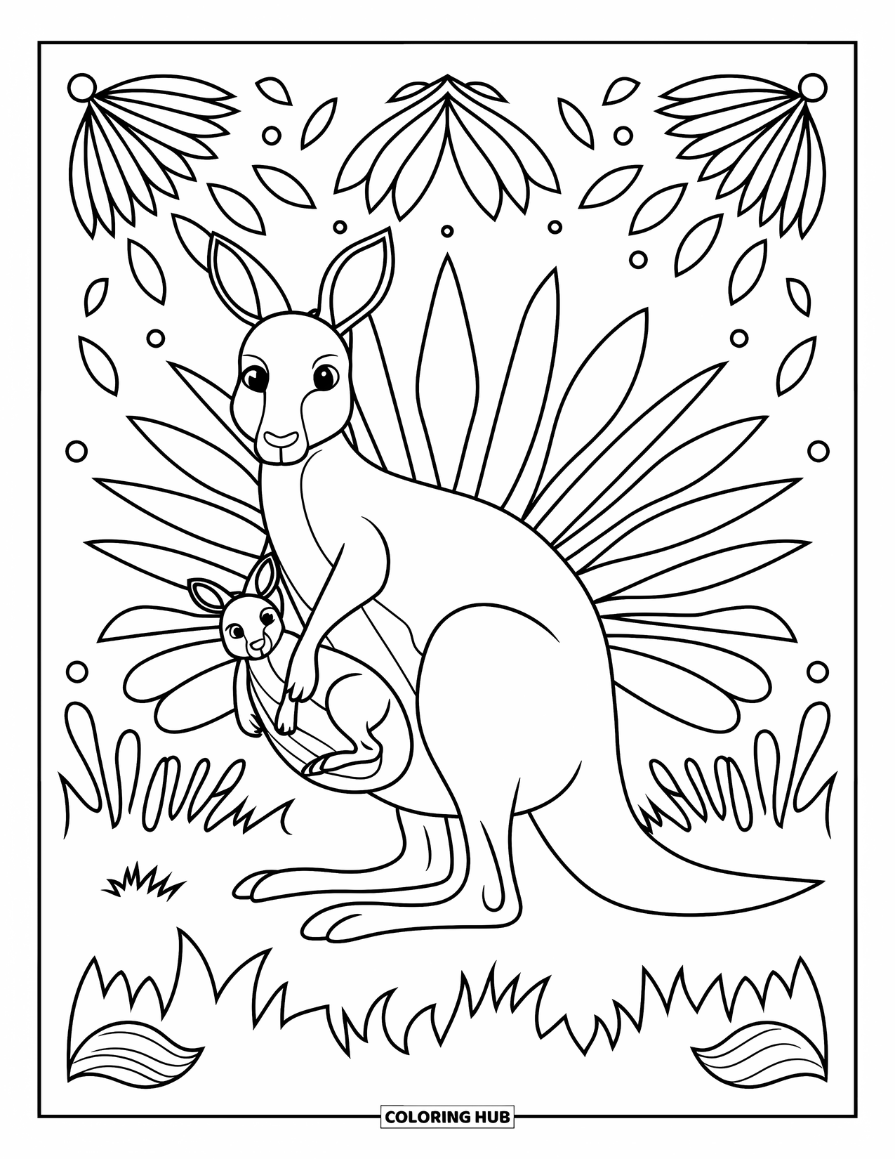 Kangaroo Coloring Page for Adults: A standing kangaroo and joey are framed by soft floral motifs on a peaceful grassy field