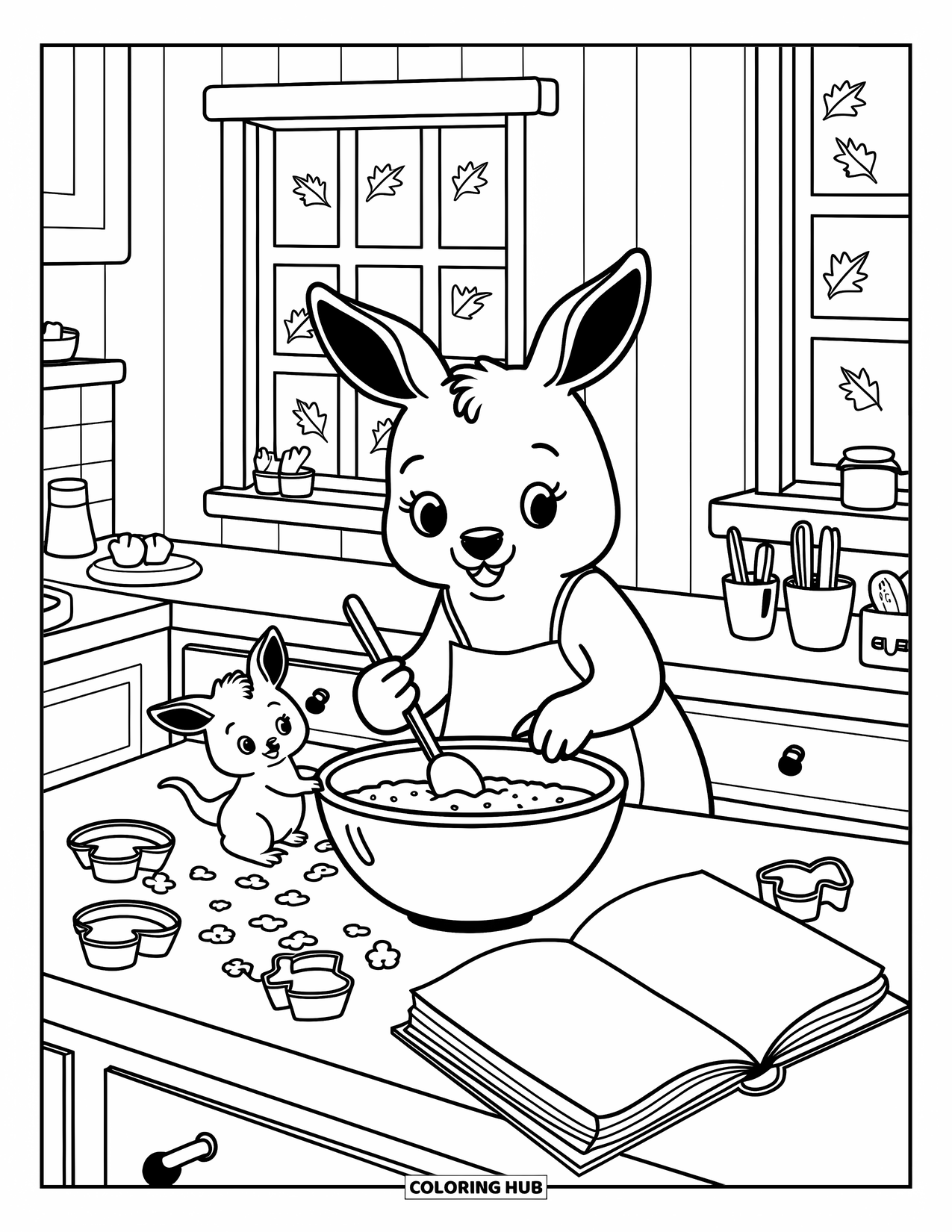 Kangaroo Coloring Page for Adults: In a warm kitchen, a kangaroo stirs batter while a joey playfully sprinkles flour everywhere