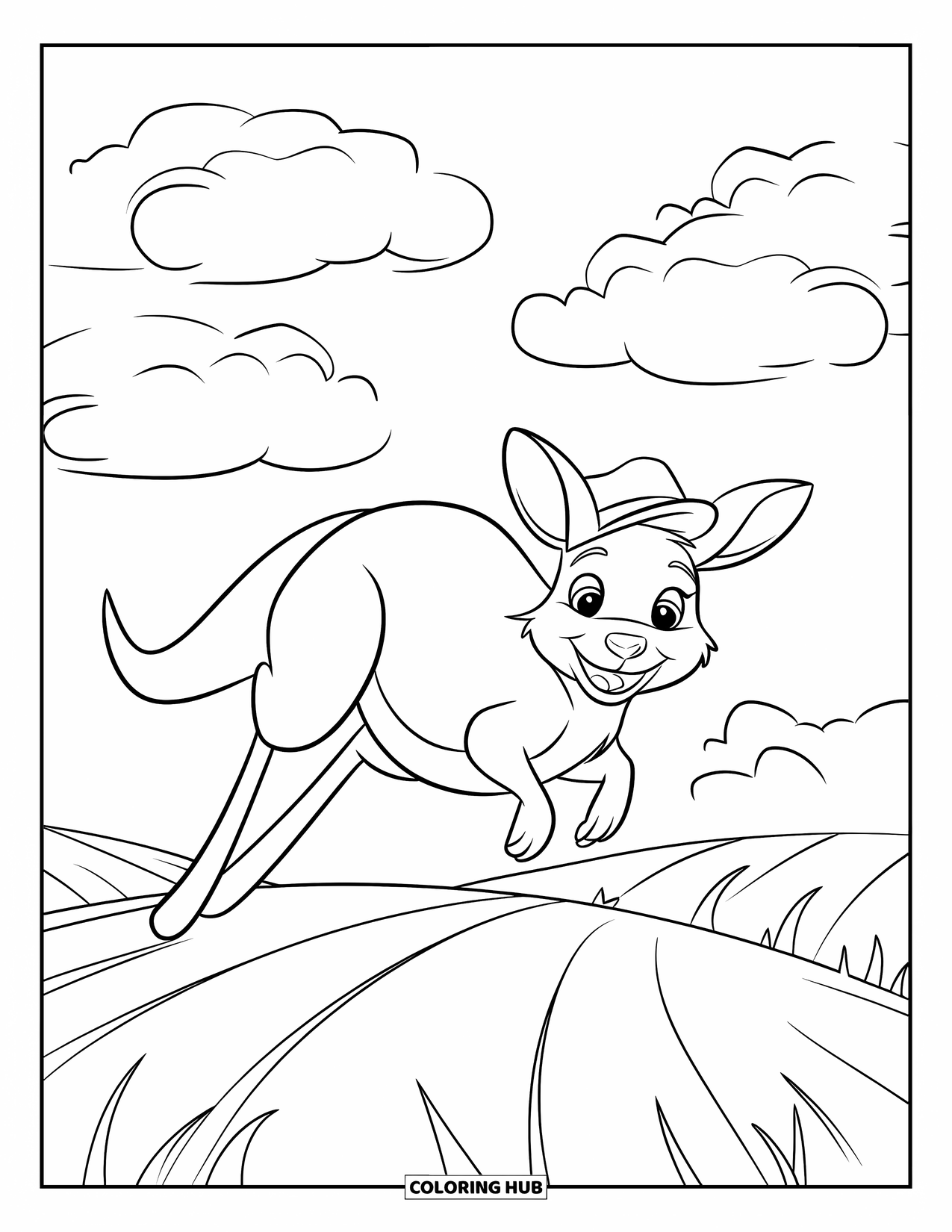 Kangaroo Coloring Page for Kids: A hat-wearing kangaroo hops joyfully across a grassy hill with fluffy clouds