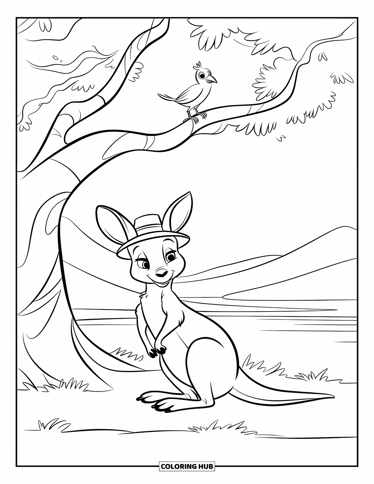 Kangaroo Coloring Page for Kids: A hat-wearing kangaroo rests beneath a wide tree near calm hills and a lake
