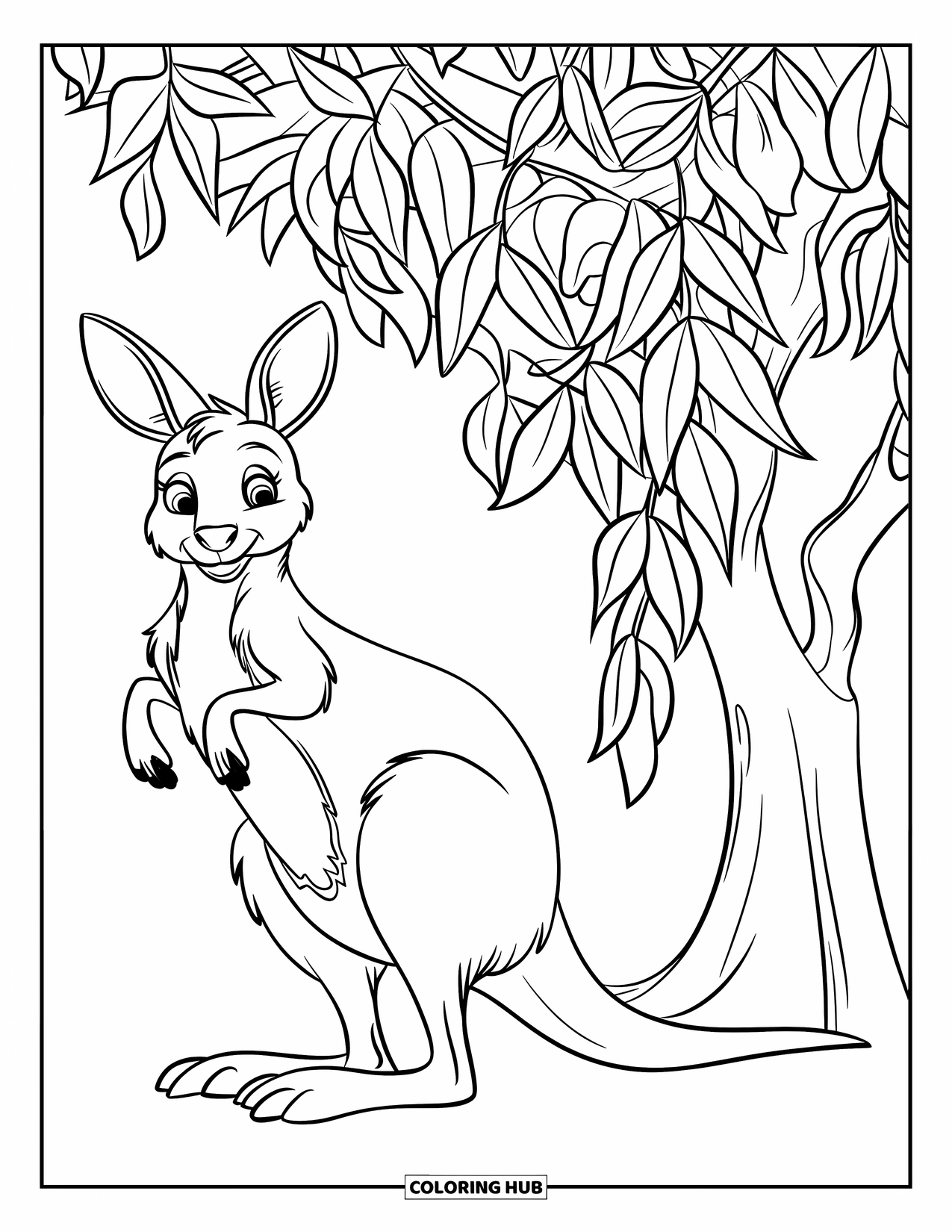 Kangaroo Coloring Page for Kids: A hopping kangaroo with detailed fur bounces beside a leafy tree