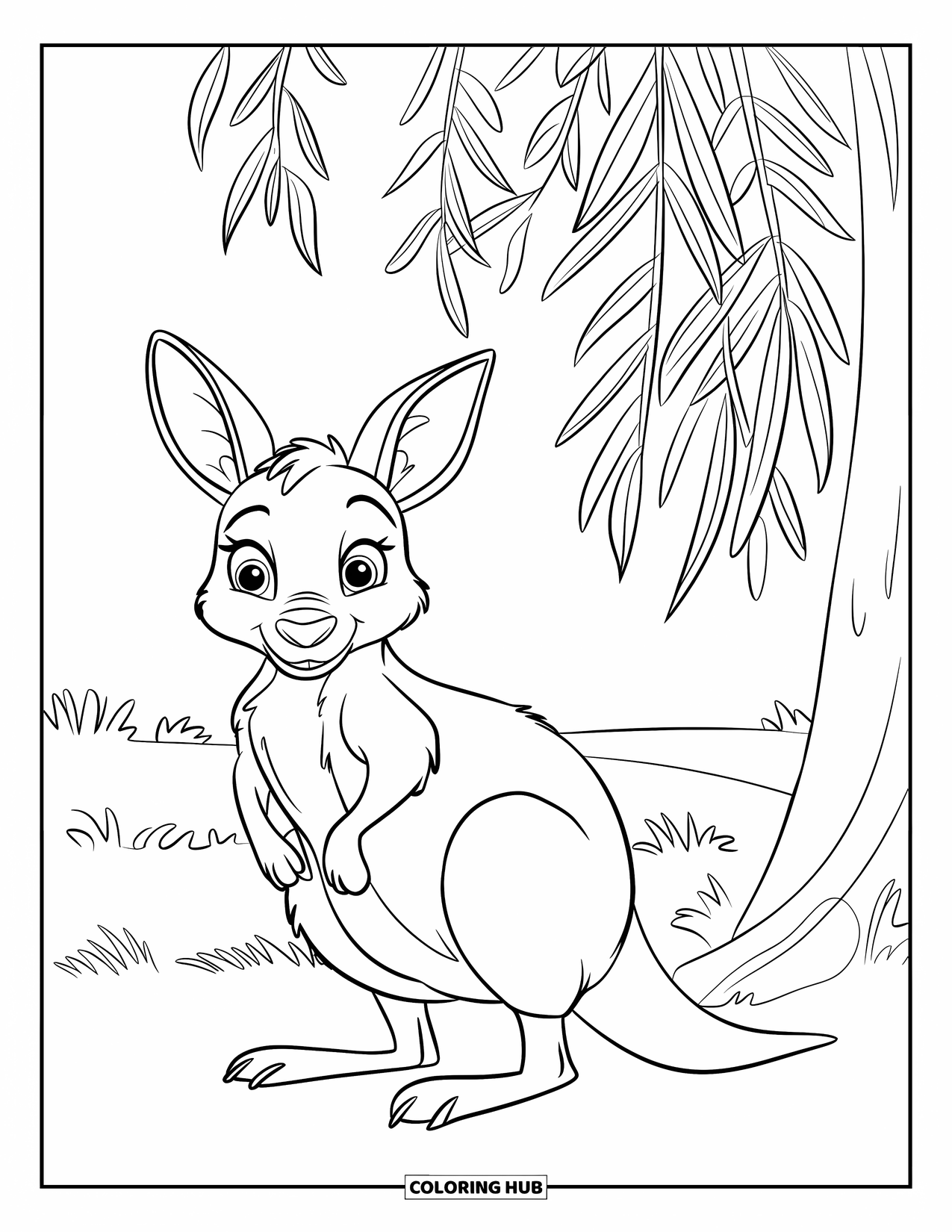 Kangaroo Coloring Page for Kids: A kangaroo with textured fur stands beside a eucalyptus tree in a grassy field