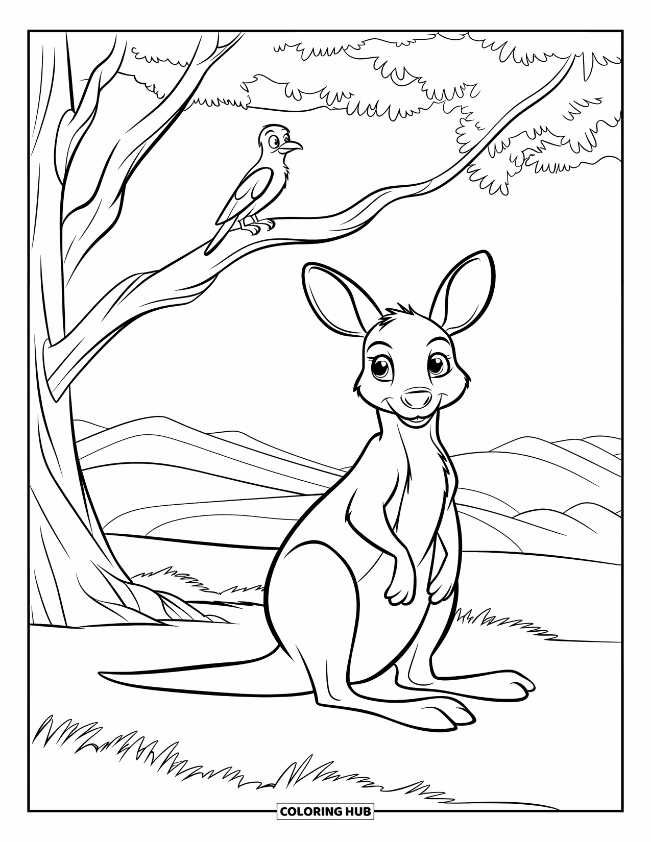 Kangaroo Coloring Page for Kids: A peaceful kangaroo and perched bird relax under a tree on rolling hills