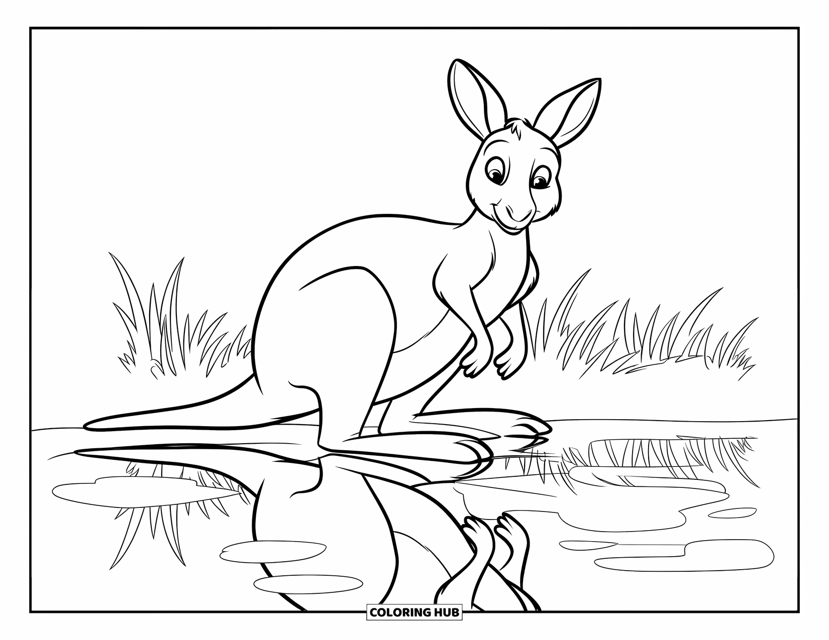 Kangaroo Coloring Page for Kids: A sitting kangaroo gazes at its reflection in a quiet pond with grasses around
