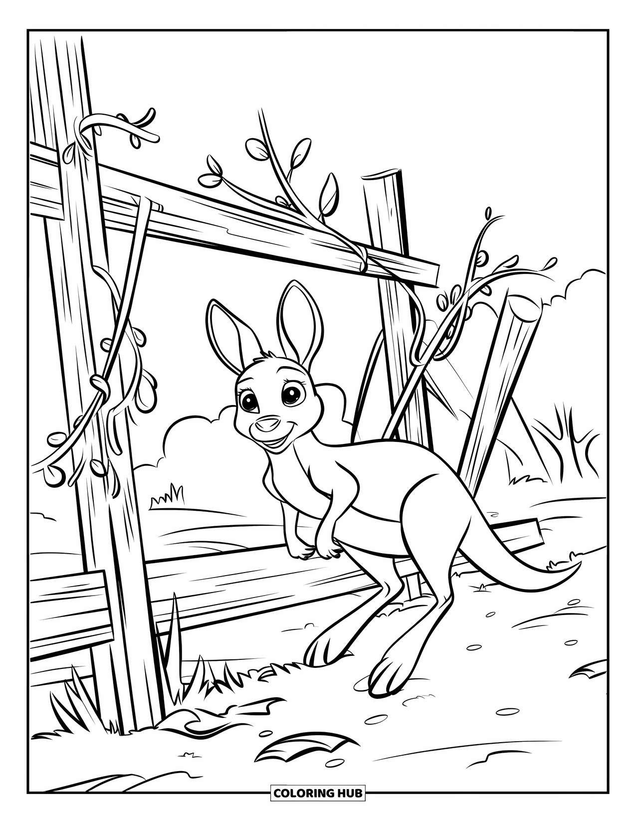 Kangaroo Coloring Page for Kids: A wide-eyed kangaroo hops near a fence with vines and leaves on the ground