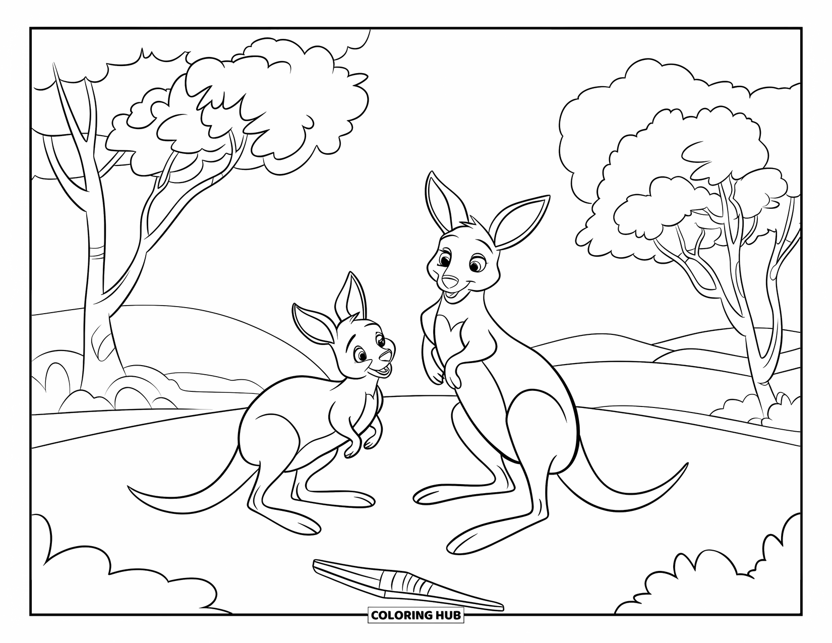 Kangaroo Coloring Page for Kids: Kangaroos with big eyes play near eucalyptus trees under a clear sky