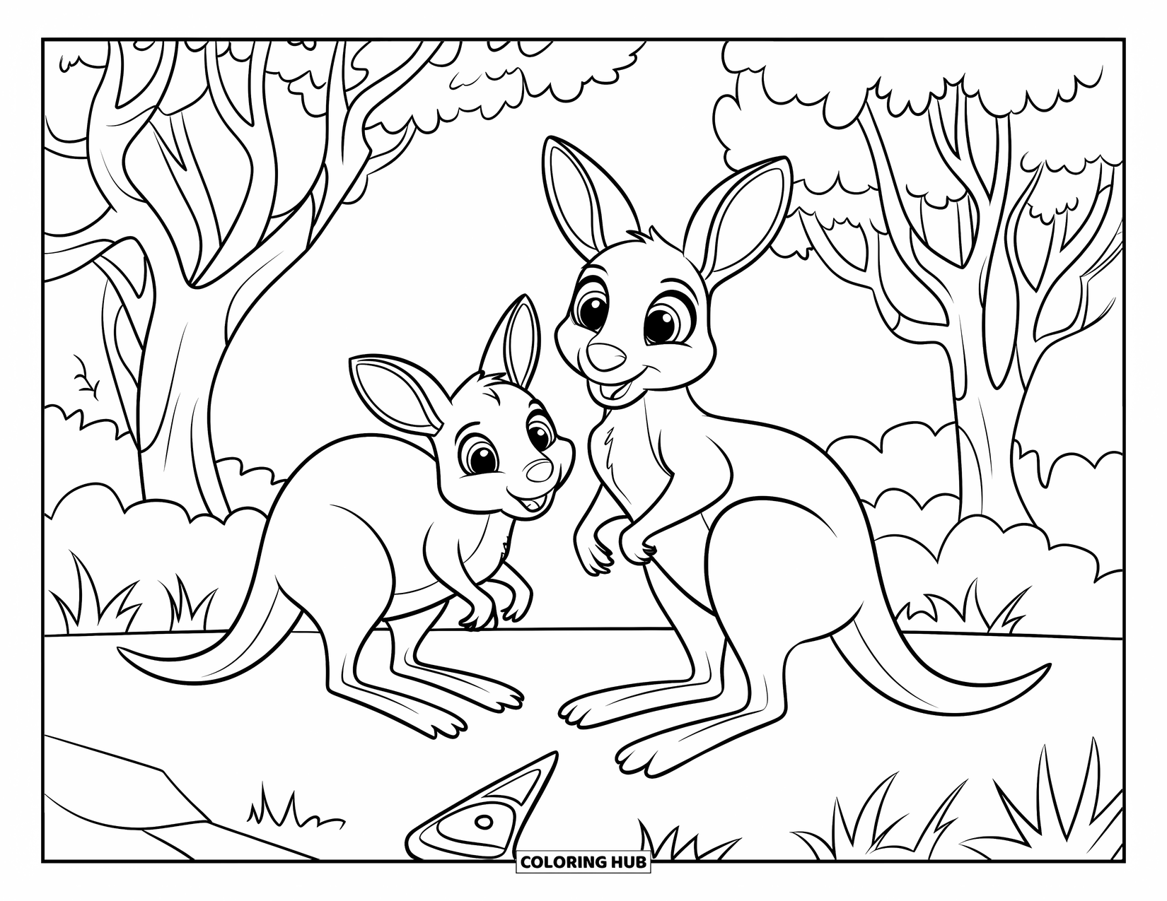 Kangaroo Coloring Page for Kids: Playful kangaroos jump near trees and a boomerang in a simple landscape