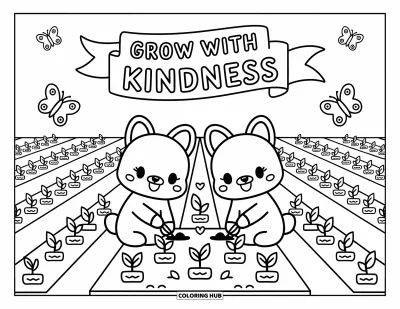 Kindness Coloring Page for Adults: A bunny and squirrel plant seeds side by side under a banner that says "Grow with kindness"