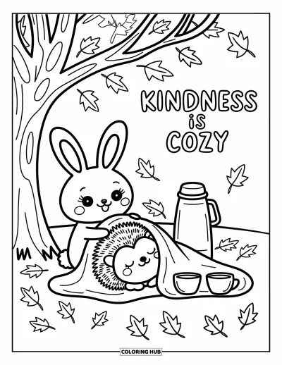 Kindness Coloring Page for Adults: A bunny wraps a hedgehog in a blanket under the words "Kindness is cozy"