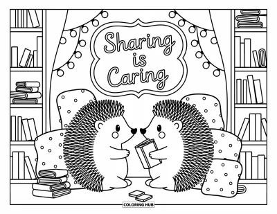 Kindness Coloring Page for Adults: A hedgehog places a book into another's paws in a warm, cozy bookstore corner