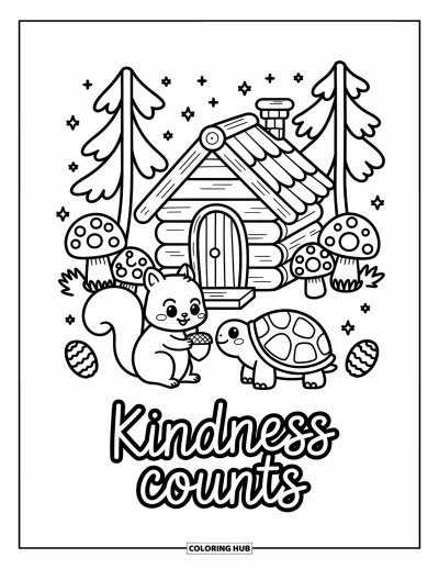 Kindness Coloring Page for Adults: A squirrel and turtle carry acorns into a little log house in the forest