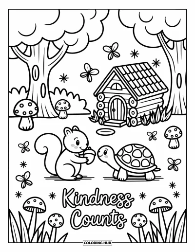 Kindness Coloring Page for Adults: A squirrel and turtle work together near mushrooms and fireflies under "Kindness counts"