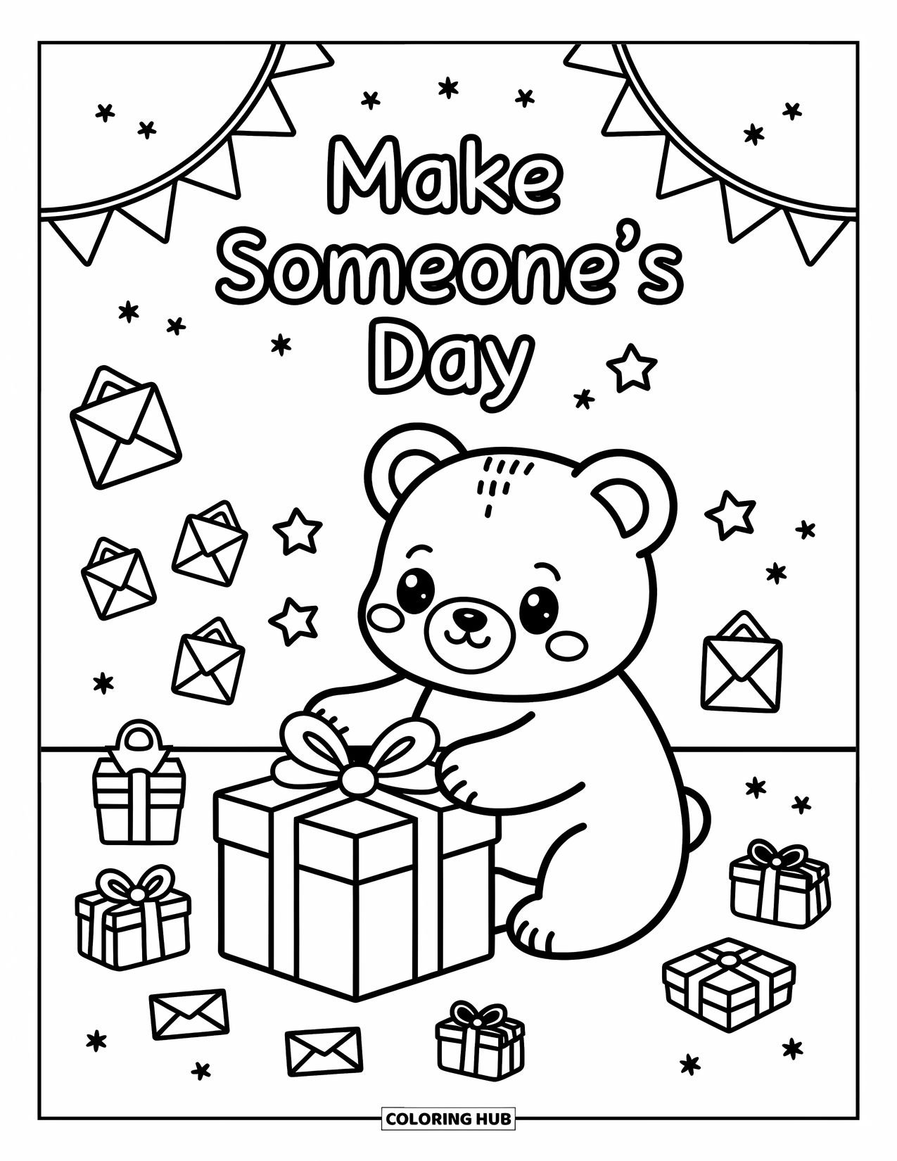 Kindness Coloring Page for Adults: An adorable bear prepares a surprise gift in a room filled with stars and sweet notes