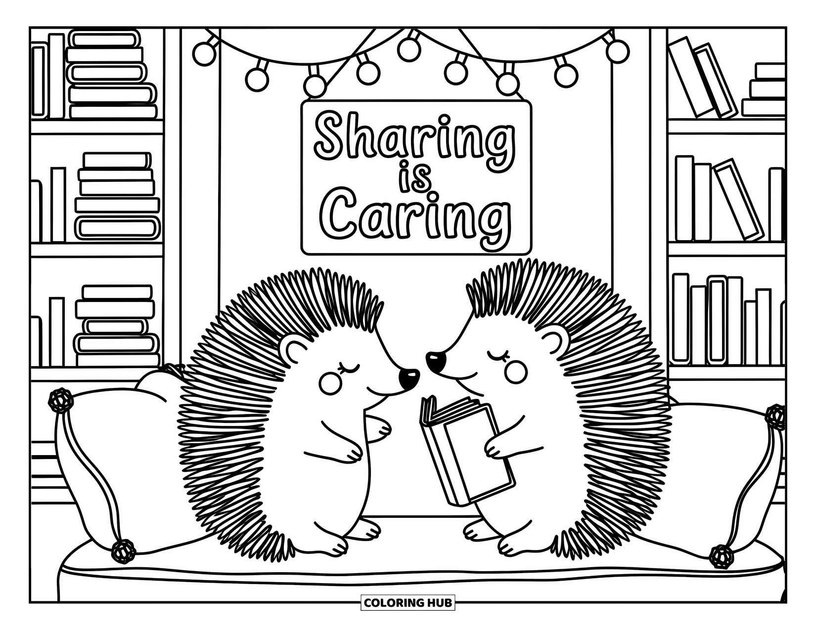Kindness Coloring Page for Adults: Two hedgehogs share a sweet moment in a cozy book nook with twinkling fairy lights