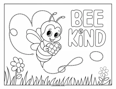 Kindness Coloring Page for Kids: A bee holds a heart honeycomb near a flower, trailing a "Bee Kind" path