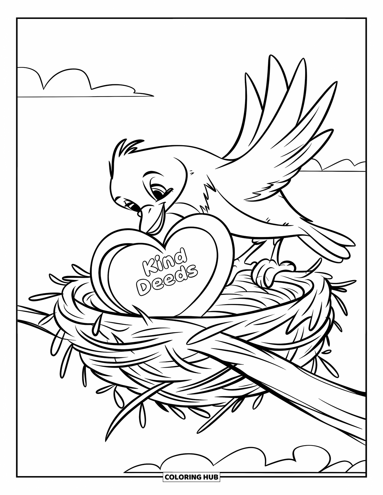 Kindness Coloring Page for Kids: A bird delivers a heart note marked "Kind Deeds" to a nest on a branch