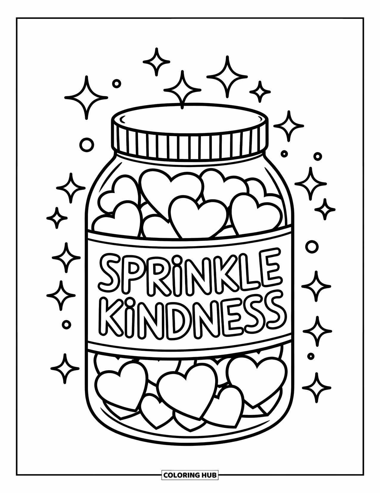 Kindness Coloring Page for Kids: A jar filled with hearts sparkles with the phrase "Sprinkle Kindness"