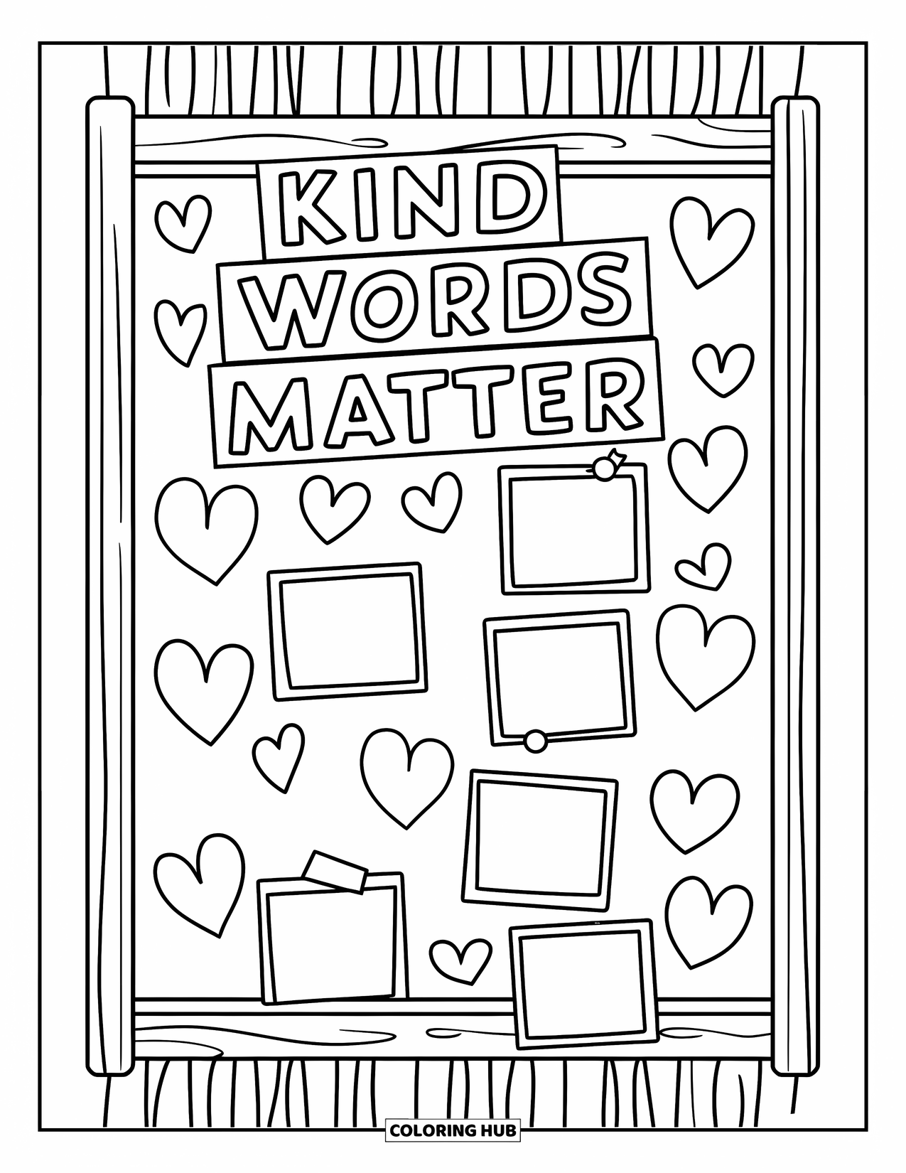 Kindness Coloring Page for Kids: A kindness board holds pinned hearts and notes under a "Kind Words Matter" banner