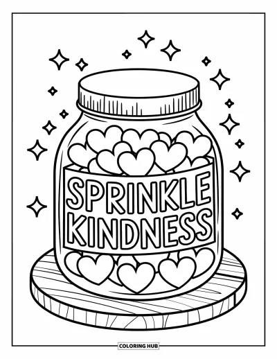 Kindness Coloring Page for Kids: A kindness jar glows with stars beside the words "Sprinkle Kindness"