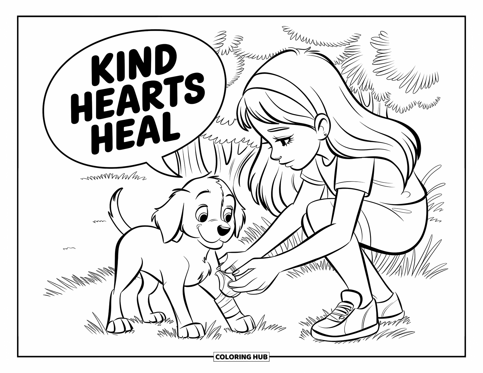 Kindness Coloring Page for Kids: A puppy rests calmly as a girl bandages its paw near the words "Kind Hearts Heal"