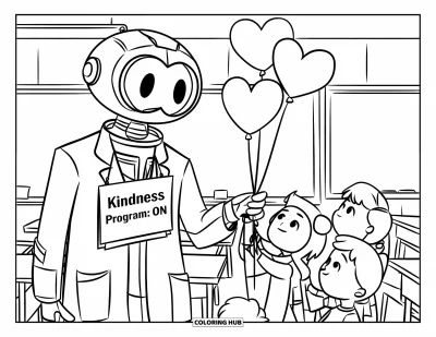 Kindness Coloring Page for Kids: A robot in a classroom gives balloons under a chalkboard message about kindness