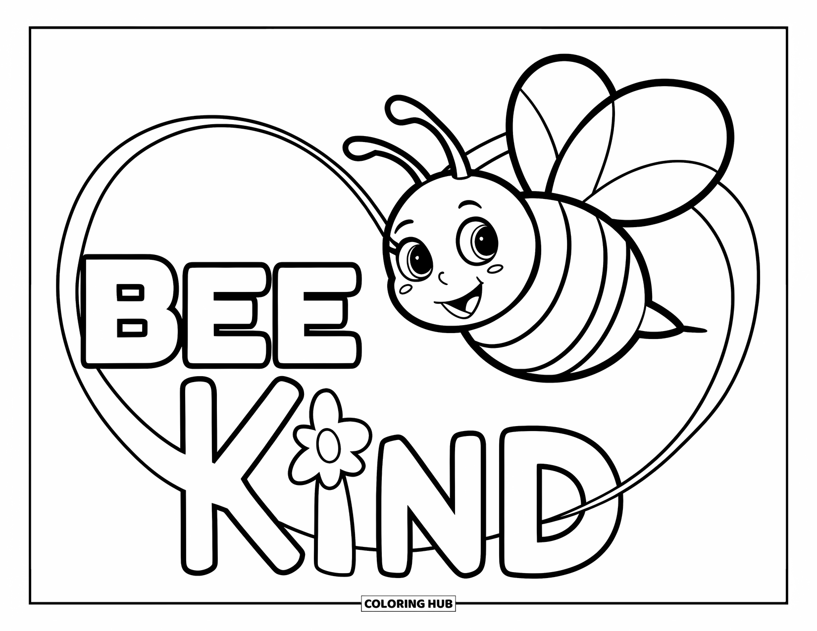 Kindness Coloring Page for Kids: A smiling bee hovers over a heart flower with "Bee Kind" below