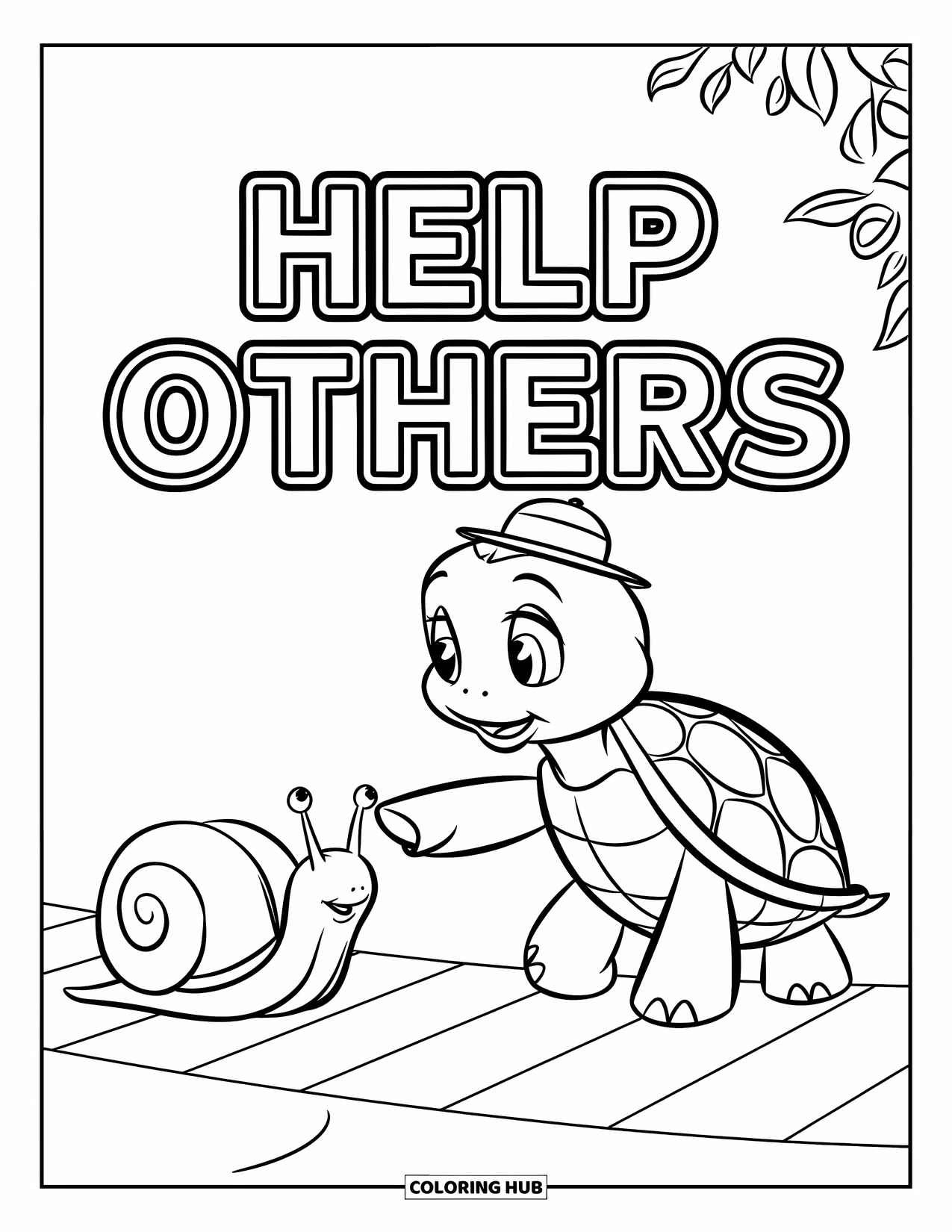 Kindness Coloring Page for Kids: A turtle with a tiny hat helps a snail cross a sunny path