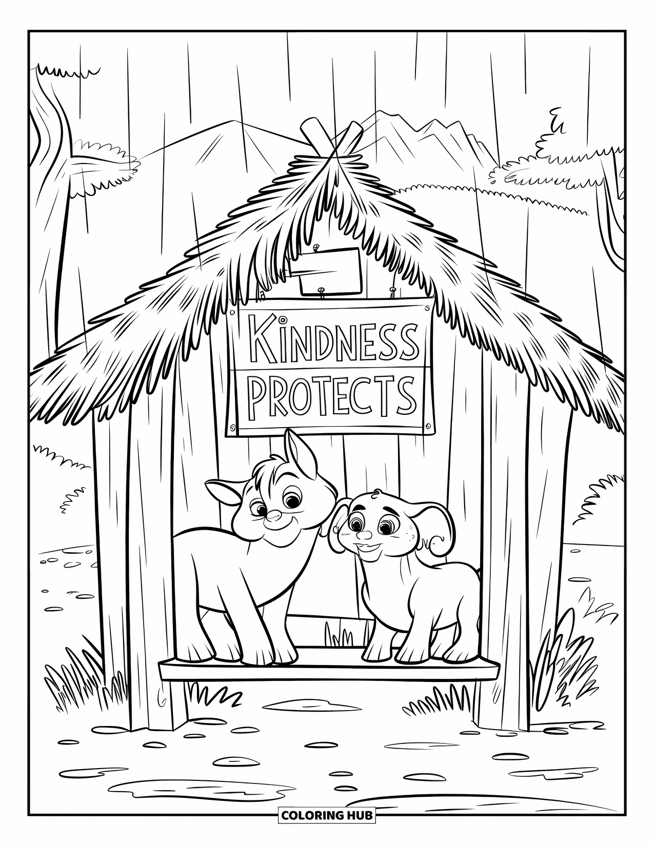 Kindness Coloring Page for Kids: A wooden shelter with a thatched roof shields two friends from the rain