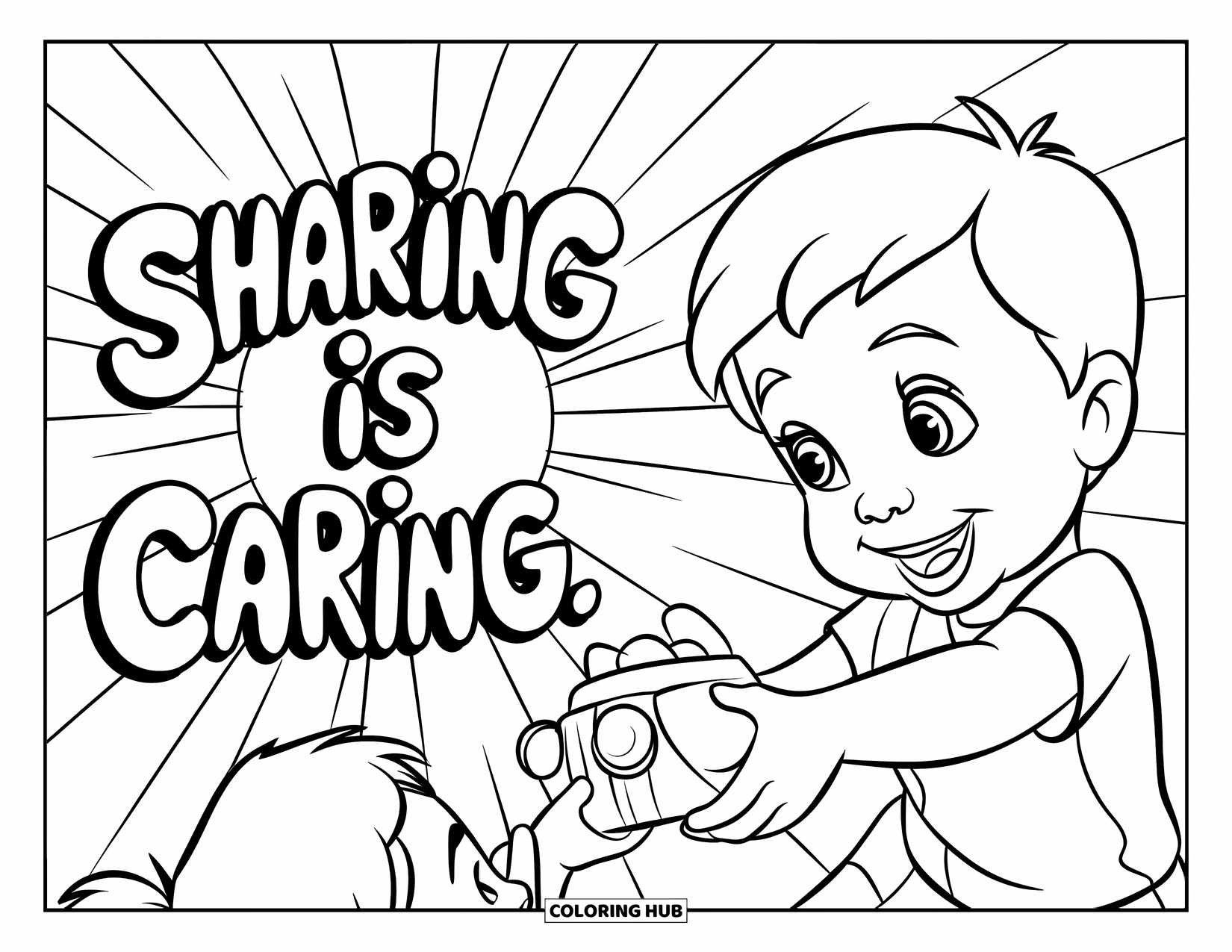 Kindness Coloring Page for Kids: Two kids exchange a toy with "Sharing is Caring" glowing in the background