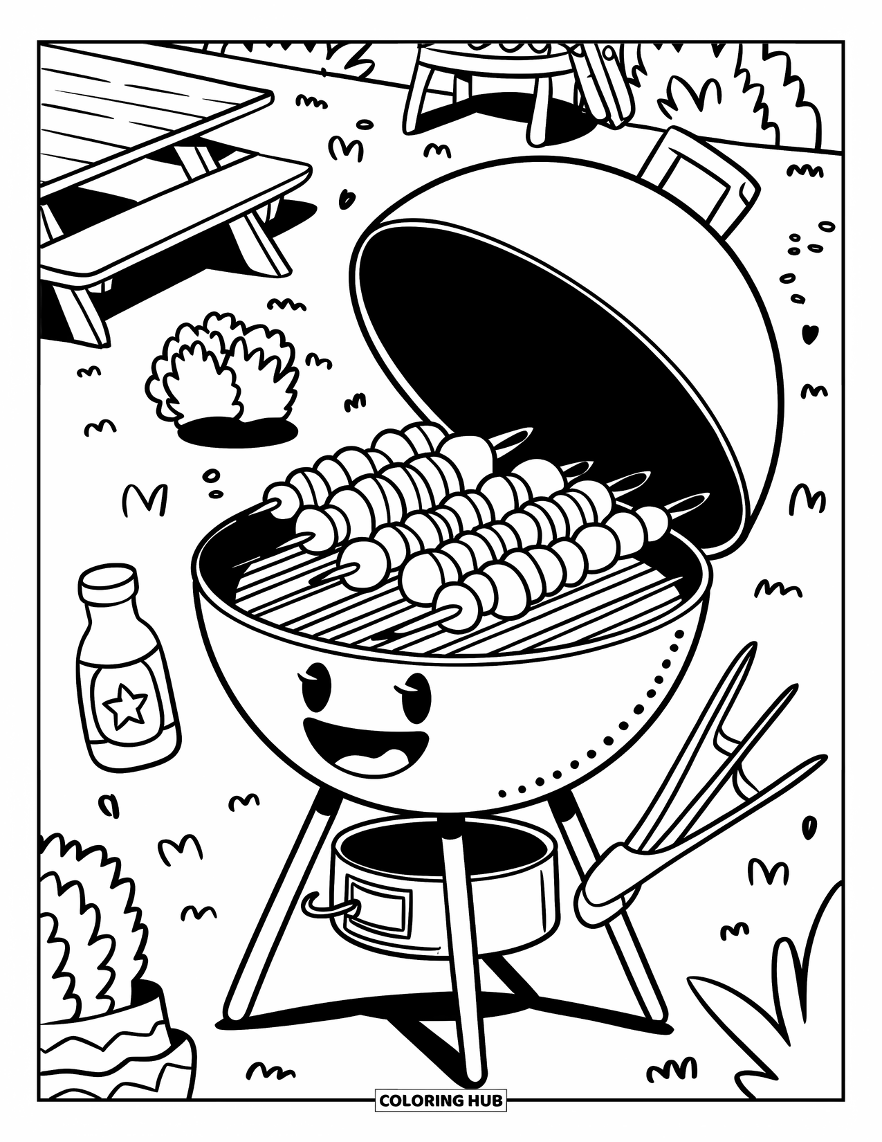 Kitchen Coloring Page for Adults: A cheerful grill with skewers is joined by dancing sauce and tongs near a picnic setup