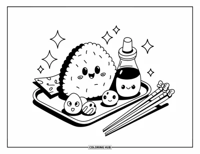 Desen de colorat cu bucătăria pentru adulți: Un onigiri vesel cu legume murate, sos de soia și bețișoare cu model de fundițe