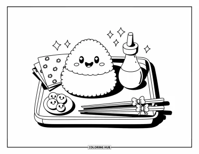 Desen de colorat cu bucătăria pentru adulți: Un onigiri vesel stă cu sos de soia, legume murate și bețișoare sclipitoare