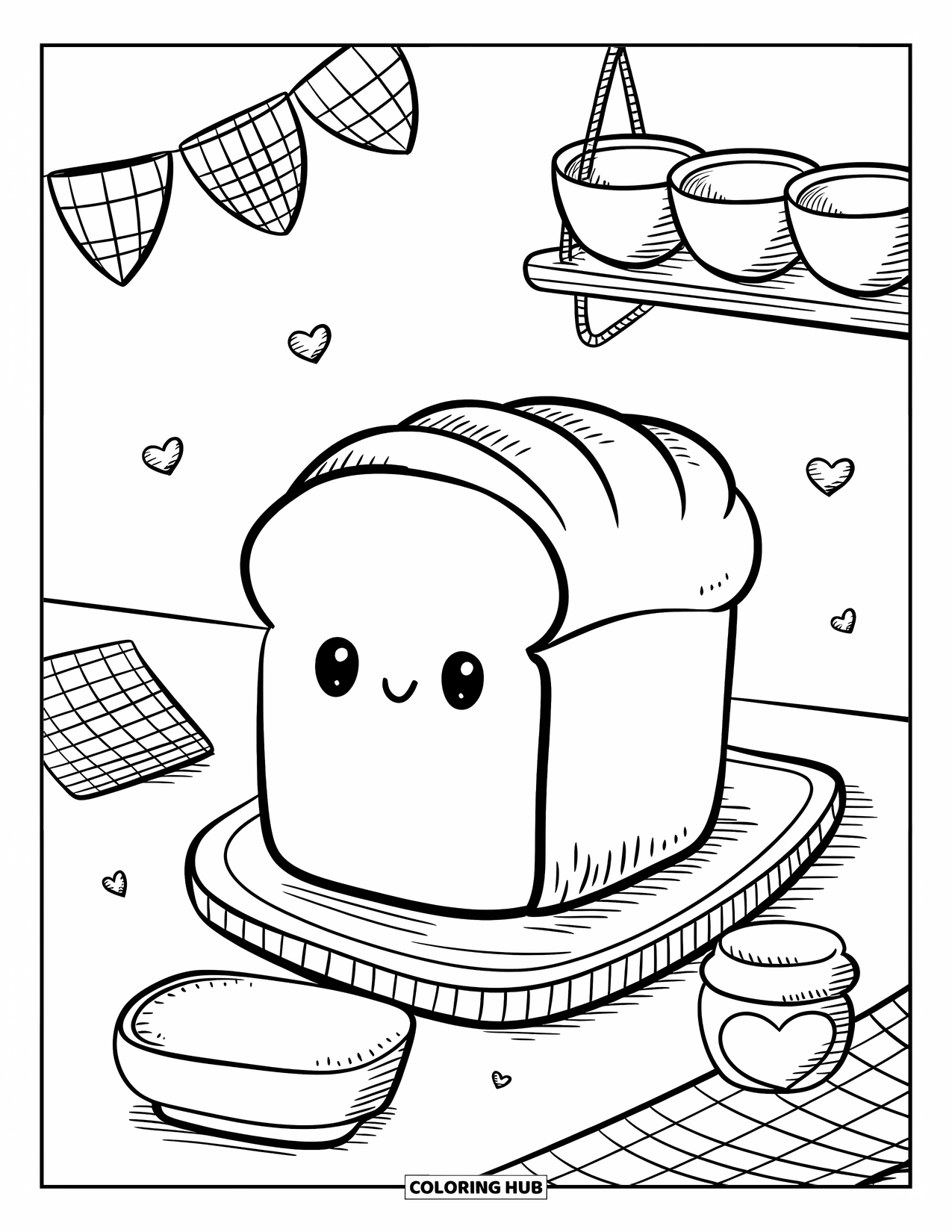 Kitchen Coloring Page for Adults: A chubby loaf of bread smiles from a cutting board near jam, butter, and hearts