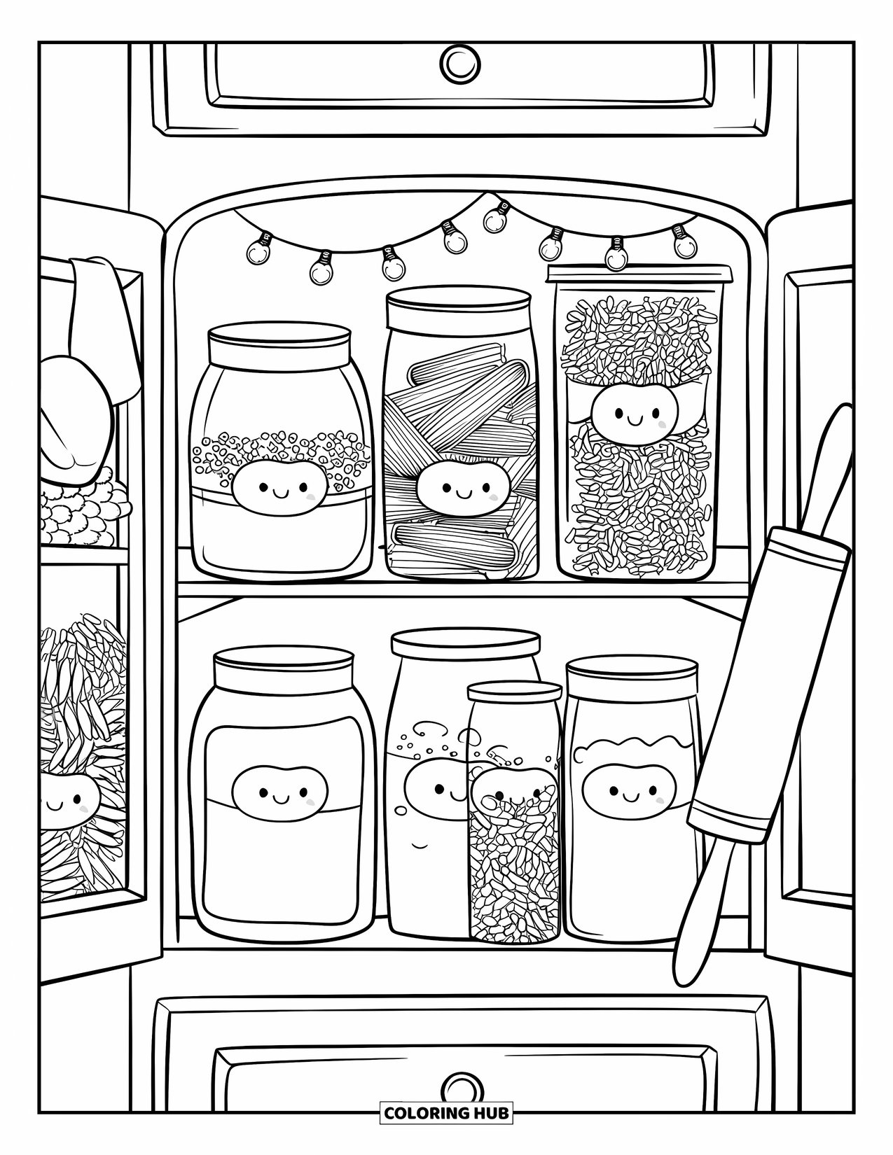 Kitchen Coloring Page for Adults: A cozy cabinet holds labeled jars and twinkling fairy lights with a rolling pin nearby