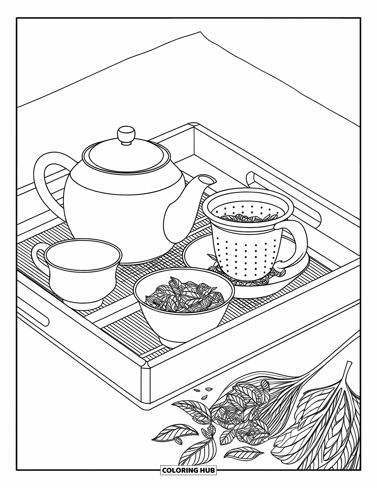 Kitchen Coloring Page for Adults: A cozy tray holds a teapot, infuser, sugar bowl, and cup with loose tea leaves