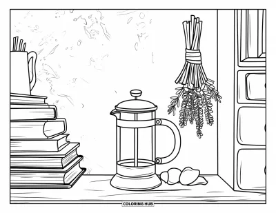 Desen de colorat cu bucătăria pentru adulți: Un French press lângă cărți și plante aromatice într-un colț primitor de bucătărie