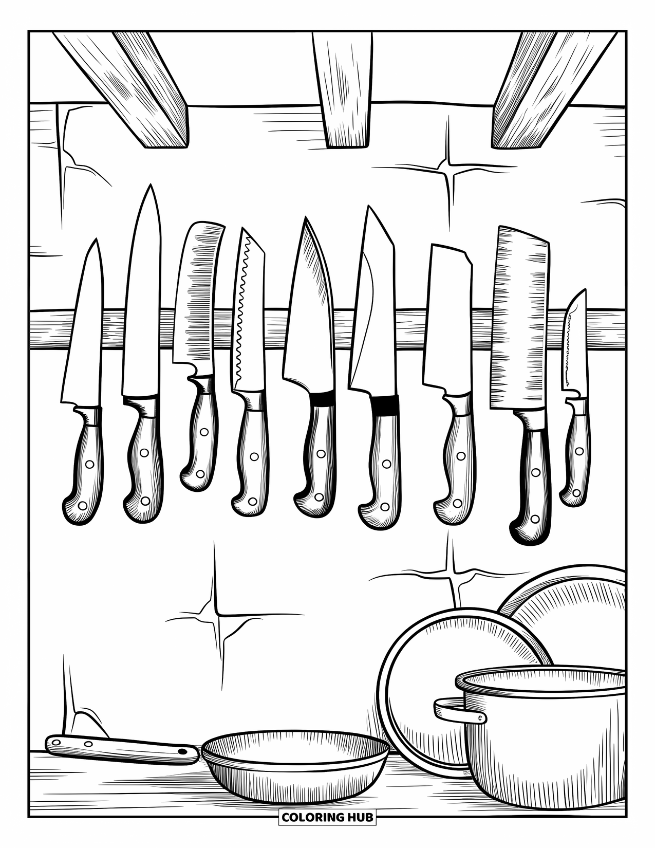 Kitchen Coloring Page for Adults: A hanging rack displays sharp kitchen tools with pots and pans nearby on the floor