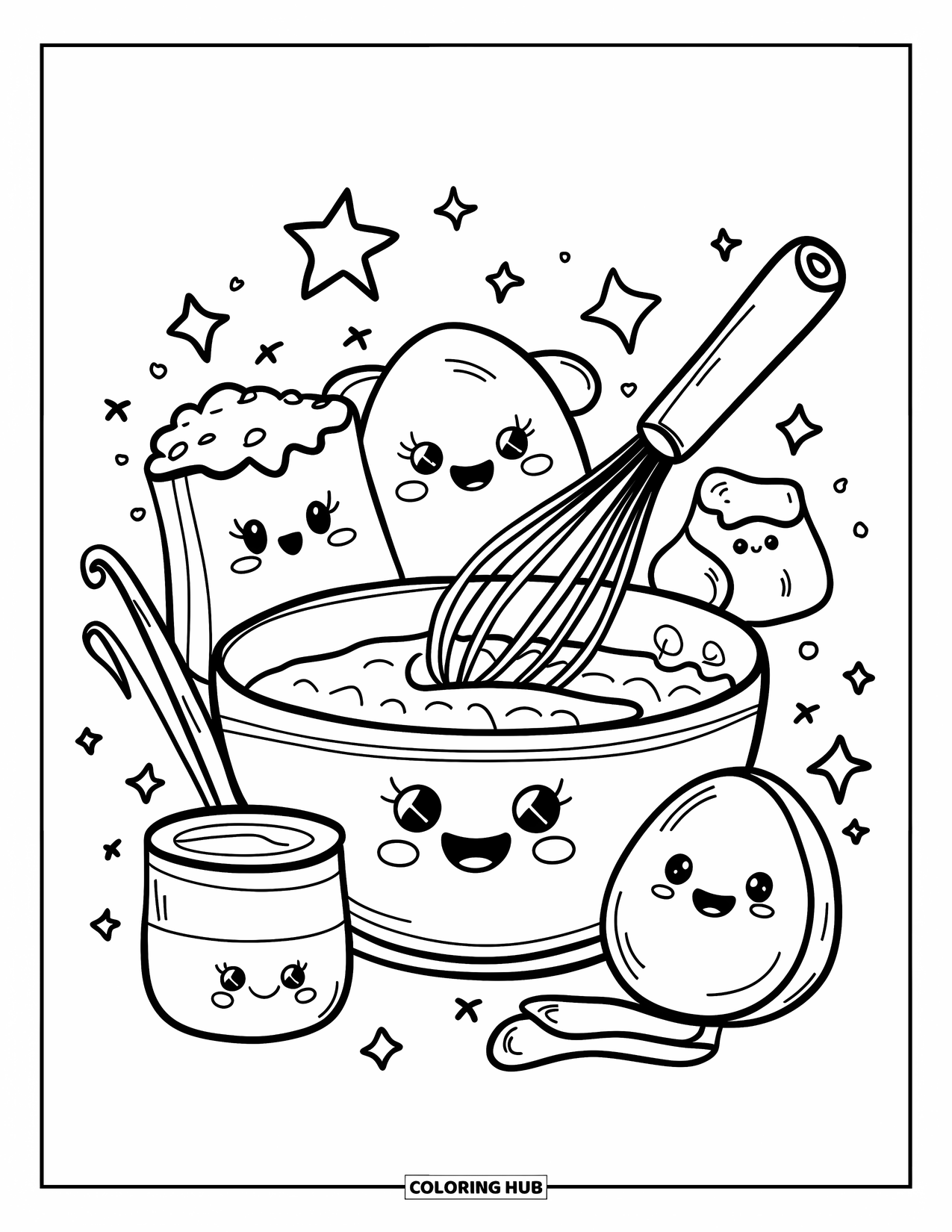Kitchen Coloring Page for Adults: A joyful whisk stirs while happy ingredients cheer and stars fly around