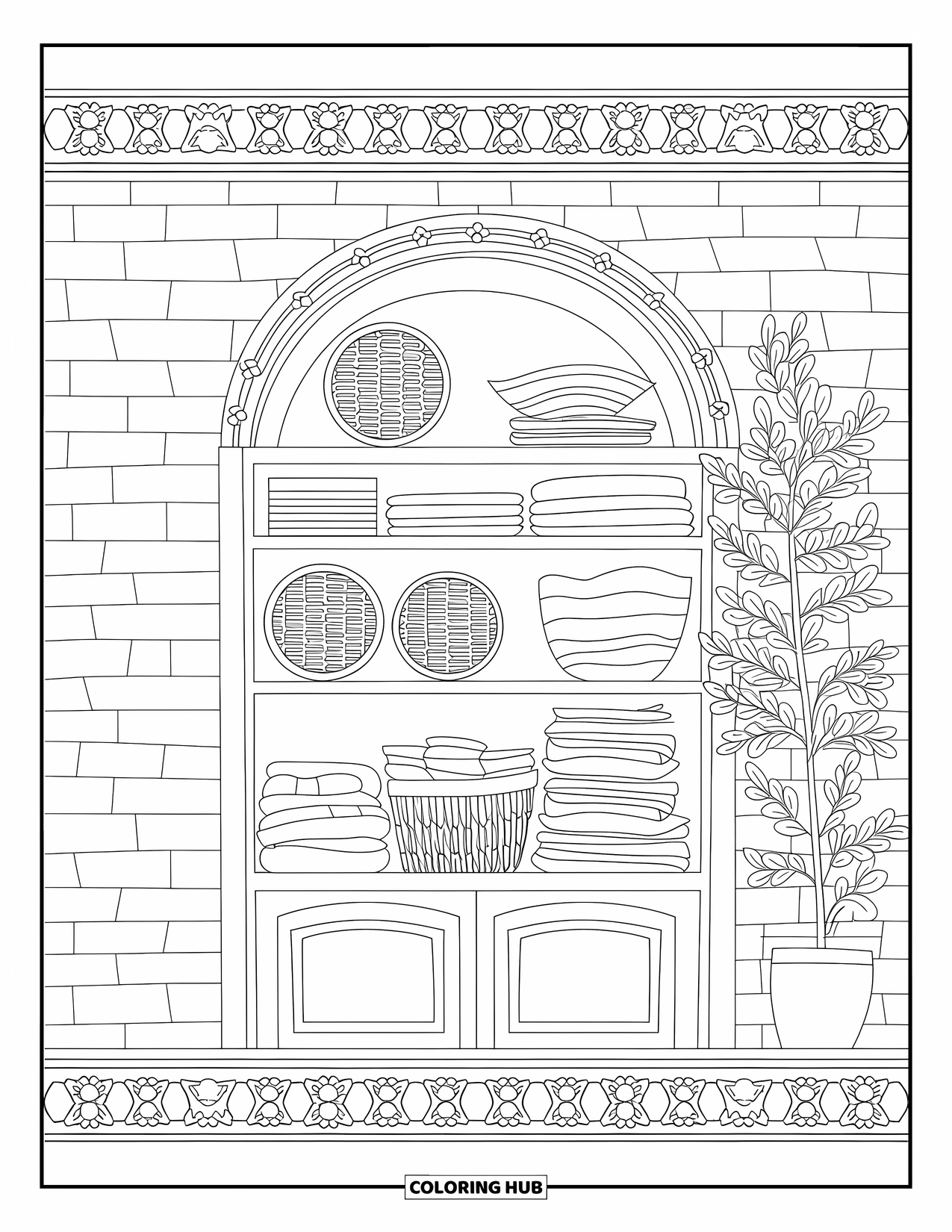 Kitchen Coloring Page for Adults: A kitchen shelf holds baskets, linens, and bowls beside a plant and patterned wall