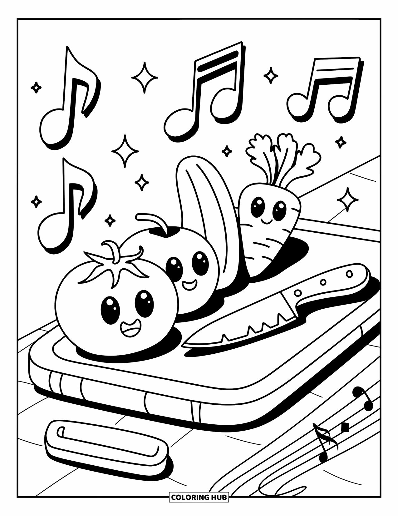 Kitchen Coloring Page for Adults: A tomato, cucumber, and carrot pose happily with a smiling knife on the board