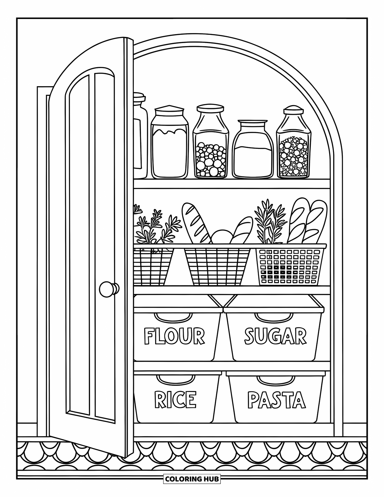 Kitchen Coloring Page for Adults: An open pantry shows jars of spices, labeled bins, and baskets of herbs and bread