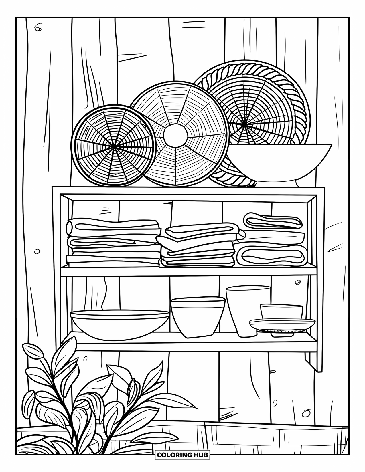 Kitchen Coloring Page for Adults: Baskets and bowls rest on a shelf above a plant on a rustic wooden wall
