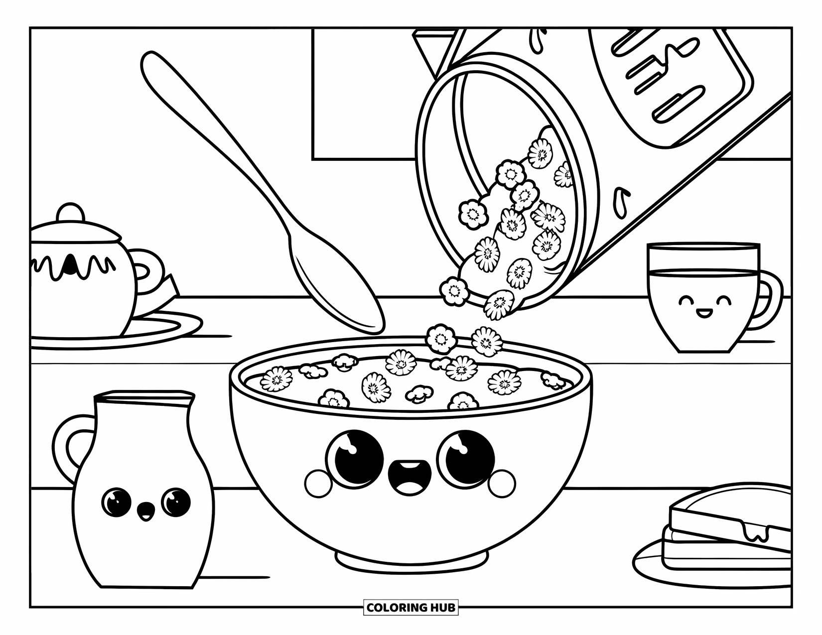 Kitchen Coloring Page for Adults: Breakfast scene with a smiling cereal bowl, milk jug, and floating spoon